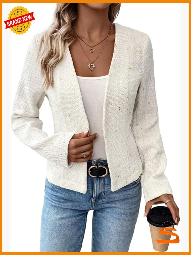 Women's Collarless Tweed Blazer Jacket - Fitted Crop Open Front Fully Lined